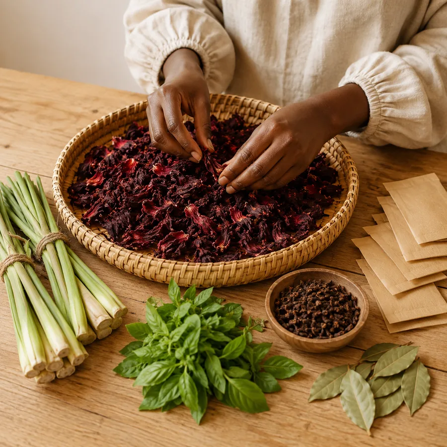 Tri à la main des fleurs d’hibiscus séchées sur un plateau en osier, entourées de citronnelle, de basilic, de clous de girofle et de feuilles de laurier