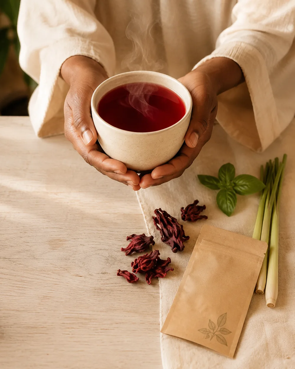 Une tasse d’infusion d’hibiscus tendue vers l’objectif, accompagnée de plantes du terroir béninois