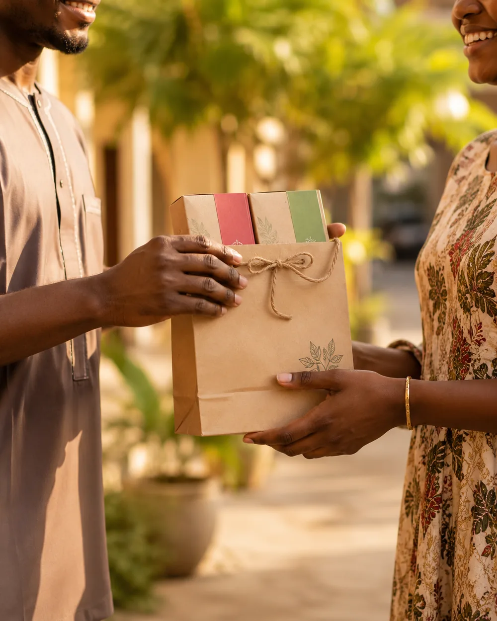 Remise d’une commande BenDjo : un sac kraft et une infusion tendus à une cliente