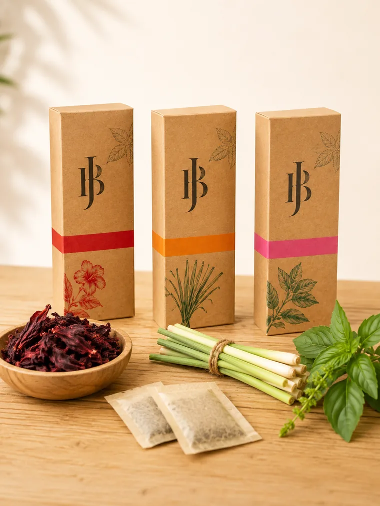 Les trois boîtes d’infusion BenDjo en carton kraft, avec fleurs d’hibiscus séchées, citronnelle et basilic