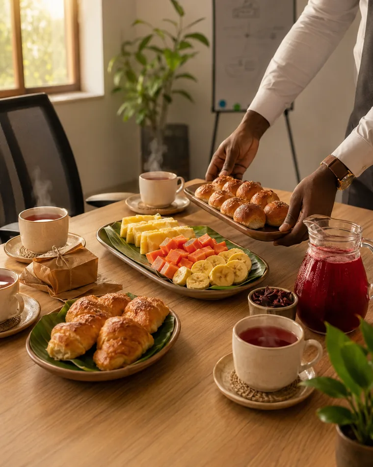 Petit-déjeuner BenDjo dressé sur une table de réunion : viennoiseries, fruits frais et infusion d’hibiscus