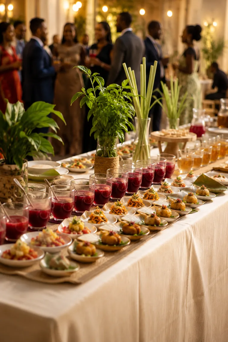 Buffet traiteur BenDjo dressé pour un lancement de produit, verres d’infusion et bouchées